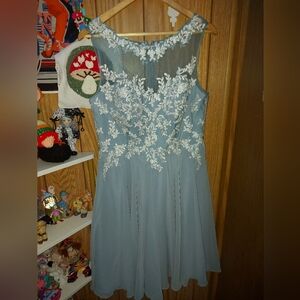 Elegant Blue Dress with White Floral Lace